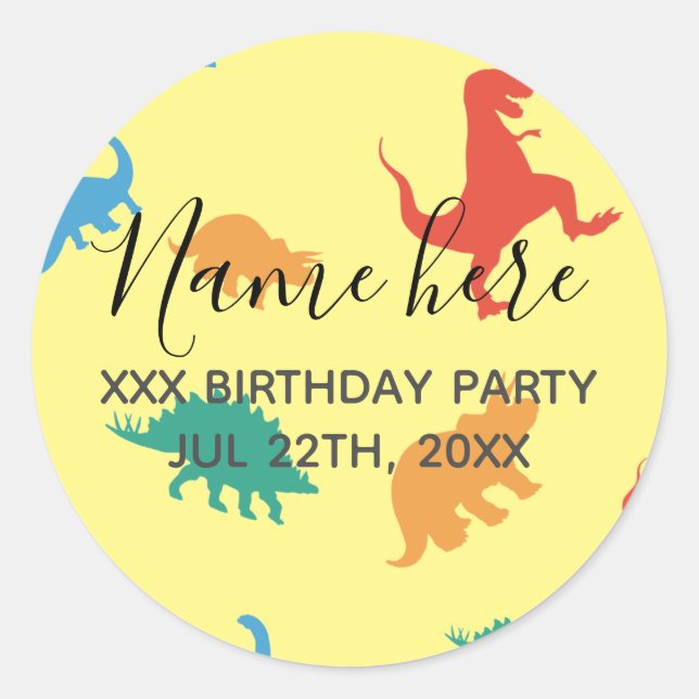 Dinosaur 1st Birthday party favour colourful patte Classic Round Sticker (Front)
