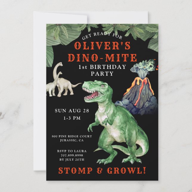 Dinosaur 1st Birthday Party Invitation (Front)