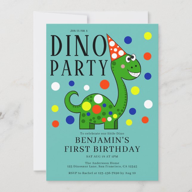 Dinosaur 1st Birthday Party Invitation (Front)