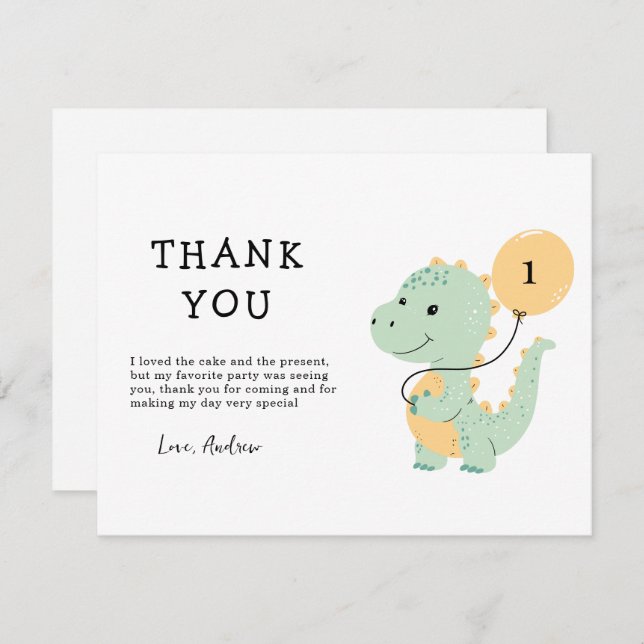 Dinosaur 1st Birthday Party, Minimalist T rex  Thank You Card (Front/Back)