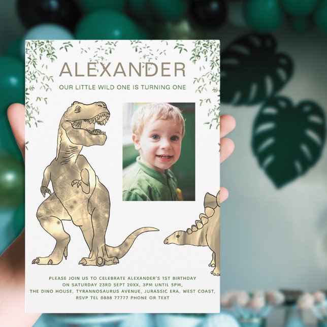 Dinosaur 1st Birthday Party Photo  Invitation (Dinosaur 7th birthday party invitation with photo template T-Rex and stegosaurus dinos )