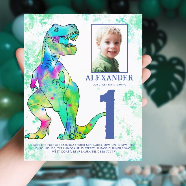 Dinosaur 1st Birthday Party Watercolor Photo  (Dinosaur T-Rex 1st birthday party invitation with photo template watercolor green and blue dino)