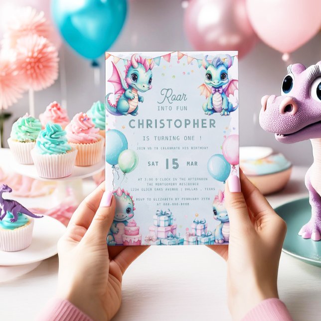 Dinosaur 1st Birthday Pastel Cute Dino Dragon Boy Invitation (Creator Uploaded)