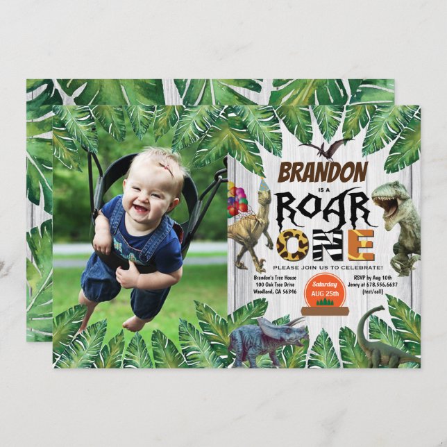 Dinosaur 1st birthday photo invitation jurassic (Front/Back)