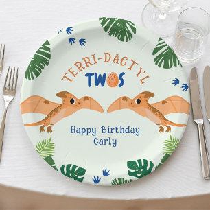 Dinosaur 2nd Birthday Funny Green Pterodactyl  Paper Plate
