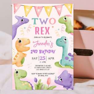 Dinosaur 2nd Birthday Girl Cute Two-Rex Birthday Invitation