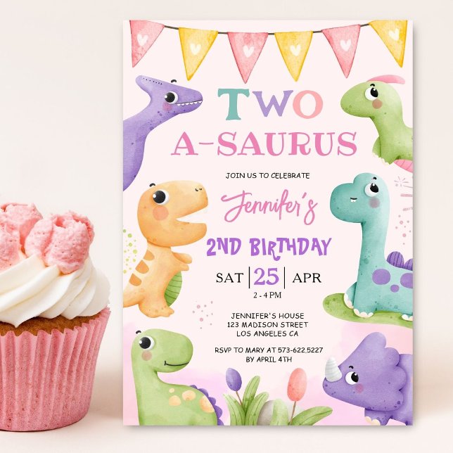 Dinosaur 2nd Birthday Girl Pink Cute Dino Party  Invitation (Creator Uploaded)