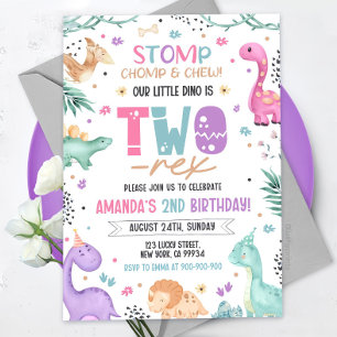 Dinosaur 2nd Birthday Invitation Girl Dinosaur 2