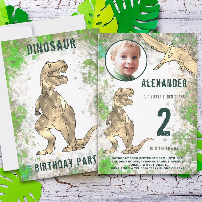 Dinosaur 2nd Birthday Party Budget Invitation (Dinosaur 2nd birthday party budget invitation with photo template)