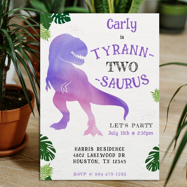 Dinosaur 2nd Birthday Purple Tyrannosaurus Rex Invitation (Dinosaur 2nd Birthday Party Purple and Pink Tyrannosaurus Rex Invitation
)
