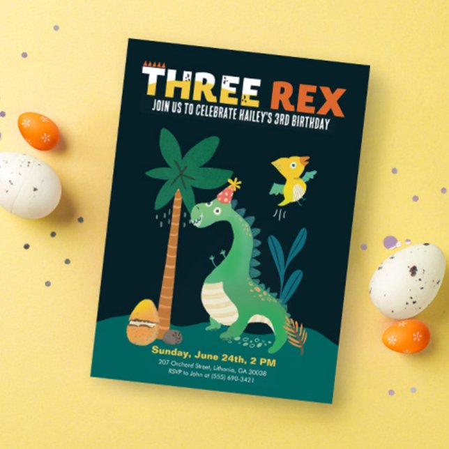 Dinosaur 3-Rex Kids Third Birthday Party Invites (Creator Uploaded)