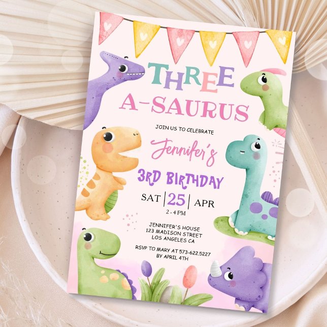 Dinosaur 3rd Birthday Cute Three A-Saurus Party Invitation (Creator Uploaded)