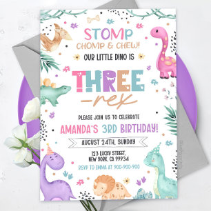 Dinosaur 3rd Birthday Invitation Girl Dinosaur 3
