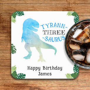 Dinosaur 3rd Birthday Party Blue Tyrannosaurus Rex Square Paper Coaster