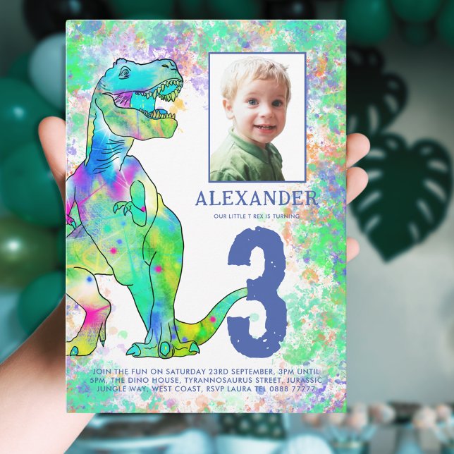 Dinosaur 3rd Birthday Party Photo Blue Invitation (Colorful dinosaur 3rd birthday party invitation with photo template unique T-Rex Dino watercolor )