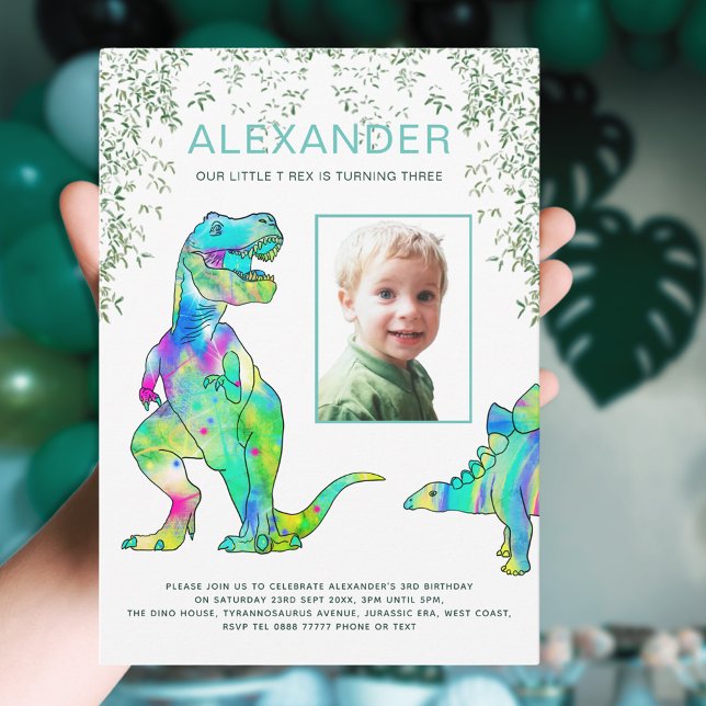 Dinosaur 3rd Birthday Party Photo Invitation (Colorful dinosaur 3rd birthday party invitation with photo template colorful T-Rex stegosaurus )