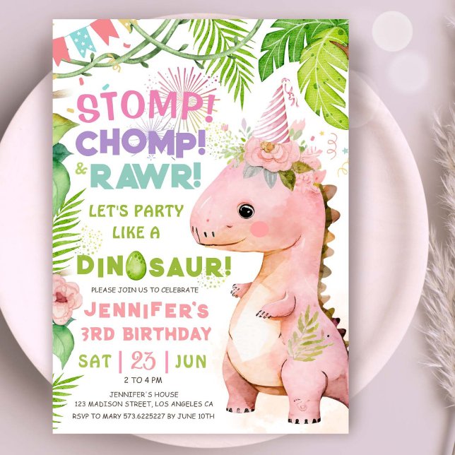 Dinosaur 3rd Birthday Party Pink Dinosaur Girls  Invitation (#DinosaurBirthdayInvitation #DinosaurBirthdayInvite #GirlDinosaurBirthdayInvitation)