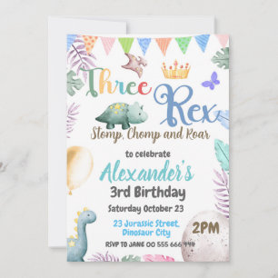 Dinosaur 3rd Birthday Three Rex Boy Invitation