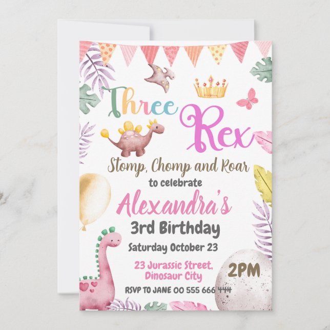 Dinosaur 3rd Birthday Three Rex Girl Invitation (Front)
