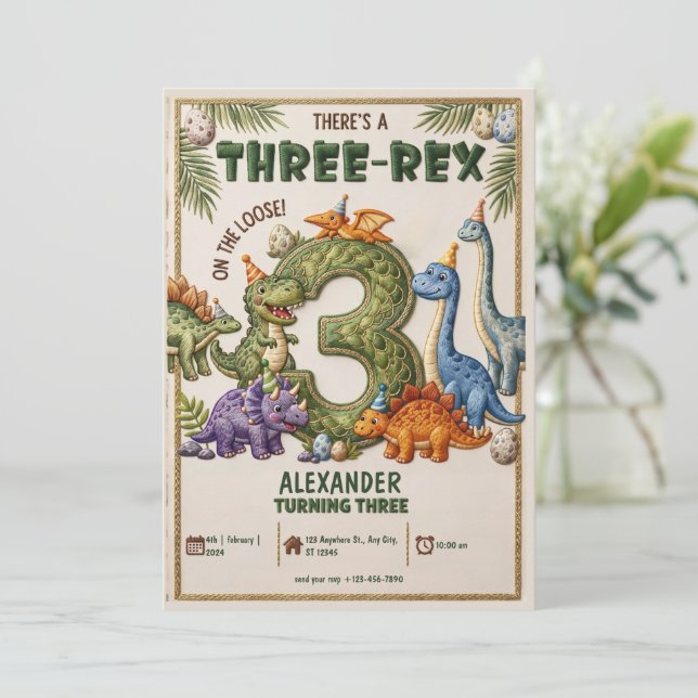 Dinosaur 3rd Birthday Three-Rex Party 3rd Birthday Invitation (Standing Front)