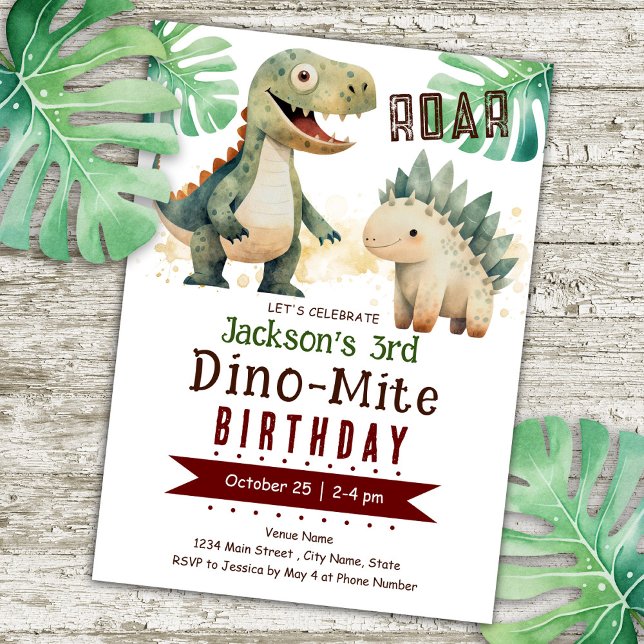 Dinosaur 3rd Birthday Watercolor Invitation (Creator Uploaded)