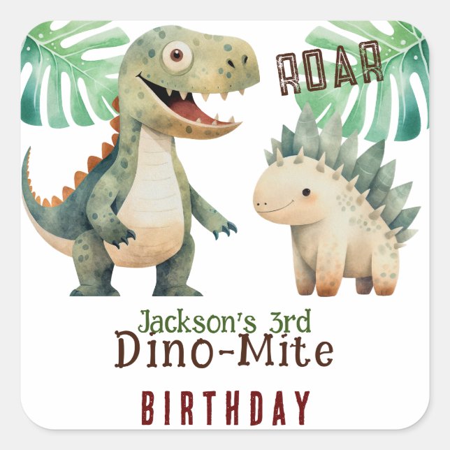 Dinosaur 3rd Birthday Watercolor  Square Sticker (Front)