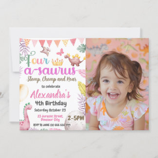 Dinosaur 4th Birthday Four-A-Saurus Photo Girl Invitation