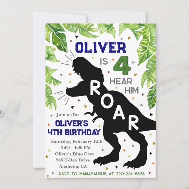 Dinosaur 4th Birthday, Four Hear Him Roar Invite (Front)