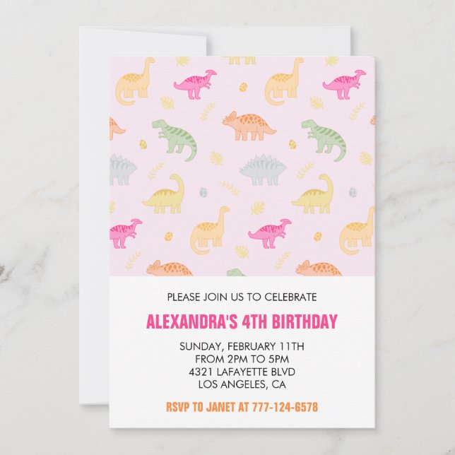Dinosaur 4th birthday invitations girl pink jungle (Front)