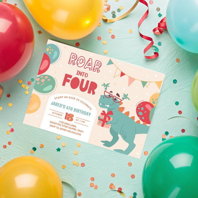 Dinosaur 4th Birthday Invite Boy. Roar Into 4  (Dinosaur 4th Birthday Invite Boy. Roar Into 4 Invitations. Four T-Rex Dino Themed Invitation. Printa)