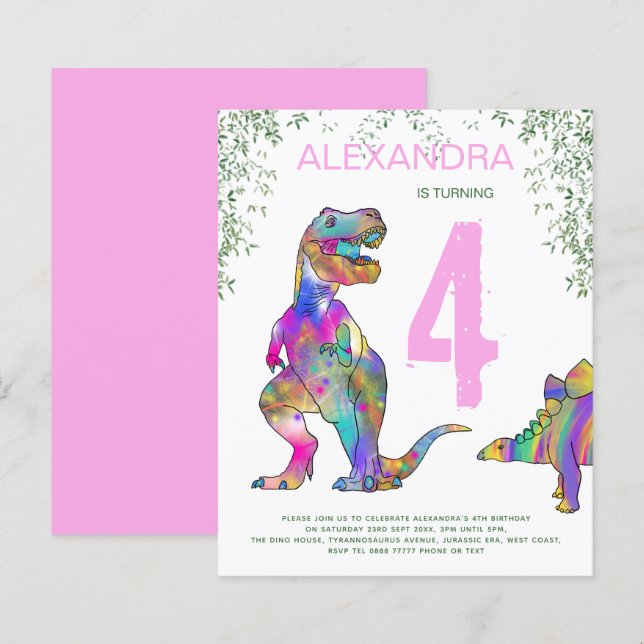 Dinosaur 4th Birthday Party Budget pink (Front/Back)