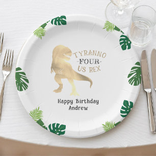 Dinosaur 4th Birthday Party Gold Tyrannosaurus Rex Paper Plate
