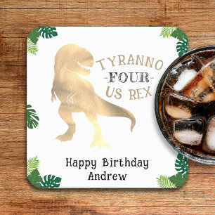 Dinosaur 4th Birthday Party Gold Tyrannosaurus Rex Square Paper Coaster
