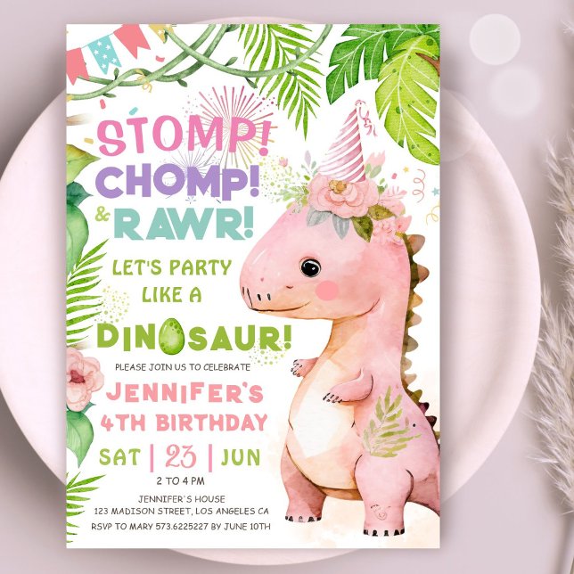 Dinosaur 4th Birthday Party Pink Dinosaur Girls  Invitation (#DinosaurBirthdayInvitation #DinosaurBirthdayInvite #GirlDinosaurBirthdayInvitation
)