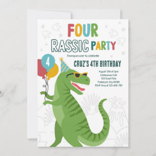 Dinosaur 4th Birthday Party T-Rex 4th Birthday Invitation