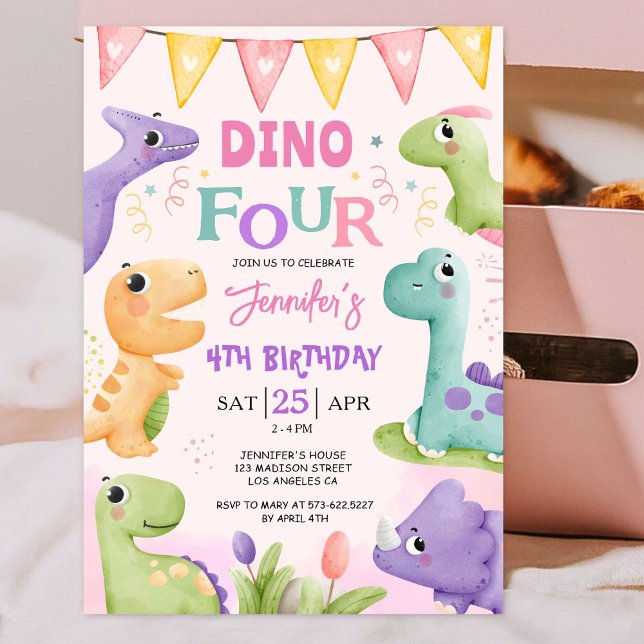 Dinosaur 4th Birthday Pink Cute Dino-Four Party Invitation (Creator Uploaded)
