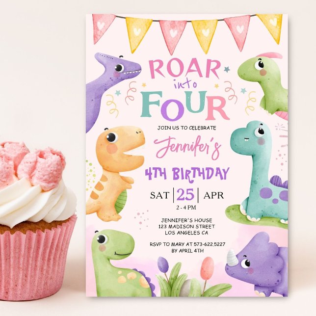 Dinosaur 4th Birthday Pink Cute Roar Into Four  Invitation (Creator Uploaded)