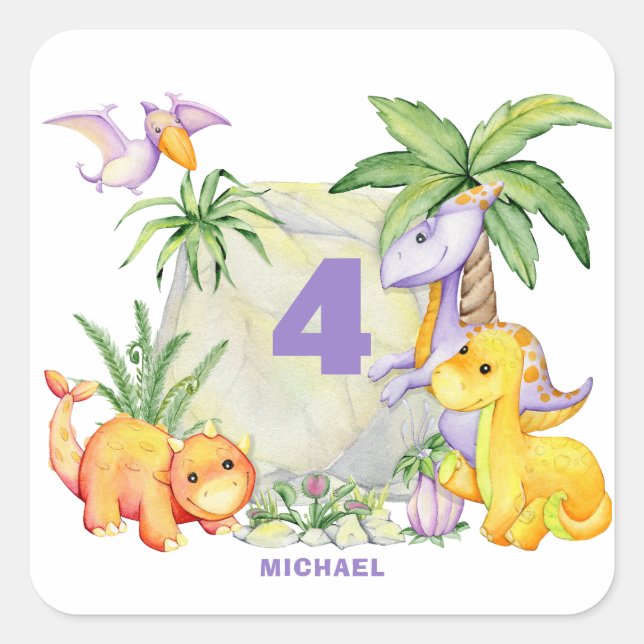 Dinosaur 4th Birthday Sticker (Front)