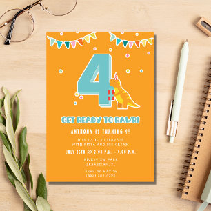 Dinosaur 4th Boy's Birthday Party Invitation