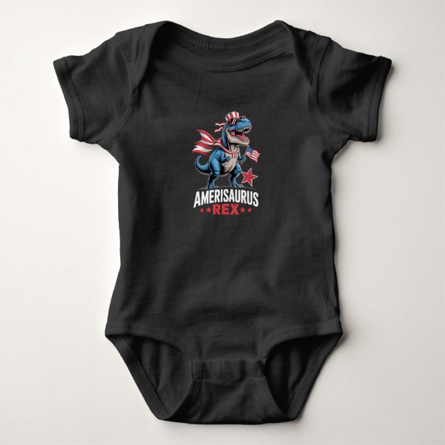 Dinosaur 4th of July Amerisaurus T Rex Funny Baby Bodysuit (Front)