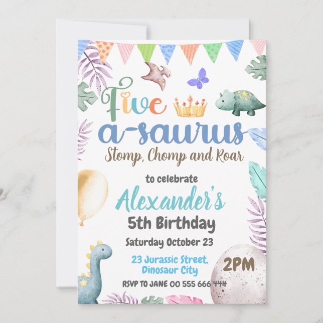 Dinosaur 5th Birthday Five-A-Saurus Party Invitation (Front)