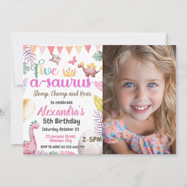 Dinosaur 5th Birthday Girl Five A-Saurus Photo Invitation (Front)