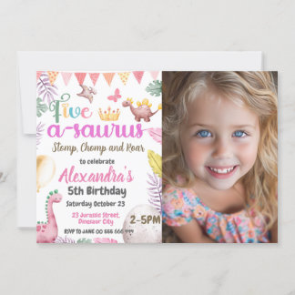 Dinosaur 5th Birthday Girl Five A-Saurus Photo Invitation
