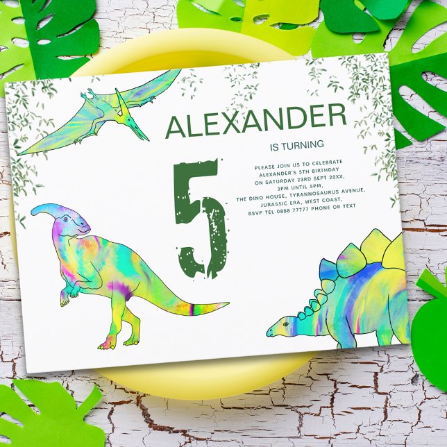 Dinosaur 5th Birthday Party Budget Invitation Postcard (Colorful dinosaur jungle 5th birthday party budget invitation postcard watercolor dino modern art)