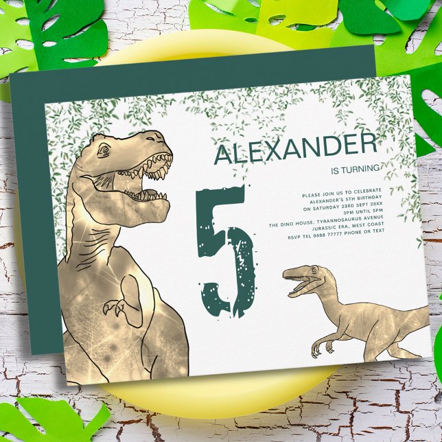 Dinosaur 5th Birthday Party Invitation (Dinosaur 5th birthday party invitation with T-Rex and Velociraptor dino and green jungle foliage)