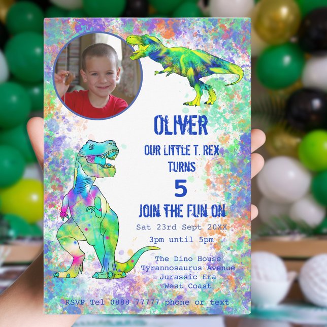 Dinosaur 5th Birthday Party Invitation (T-Rex dinosaur photo 5th birthday invitation with colorful watercolor splash background )