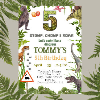Dinosaur 5th Birthday Party Invitation for Boy