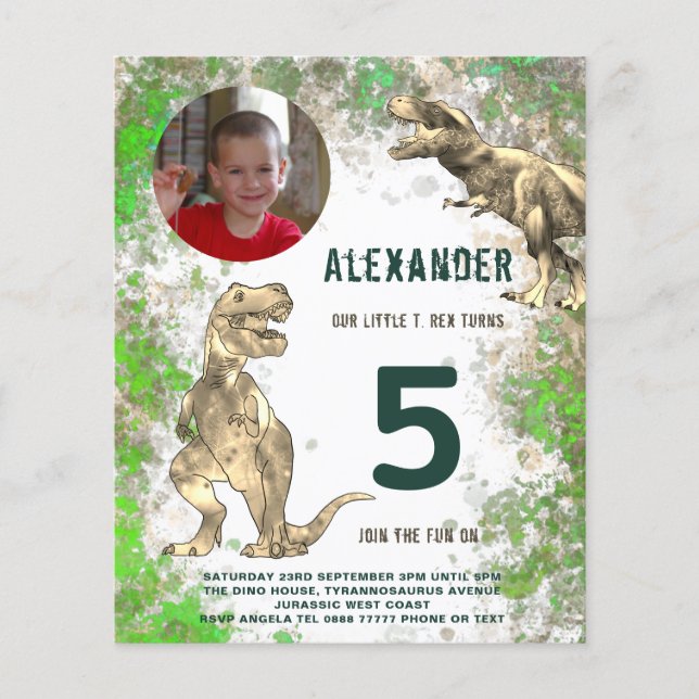 Dinosaur 5th Birthday Party Photo Budget Flyer (Front)