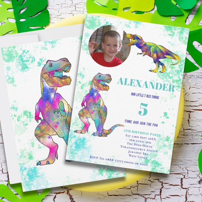 Dinosaur 5th Birthday Photo Invitation (Dinosaur colorful T-Rex 5th birthday party invitation with photo template )
