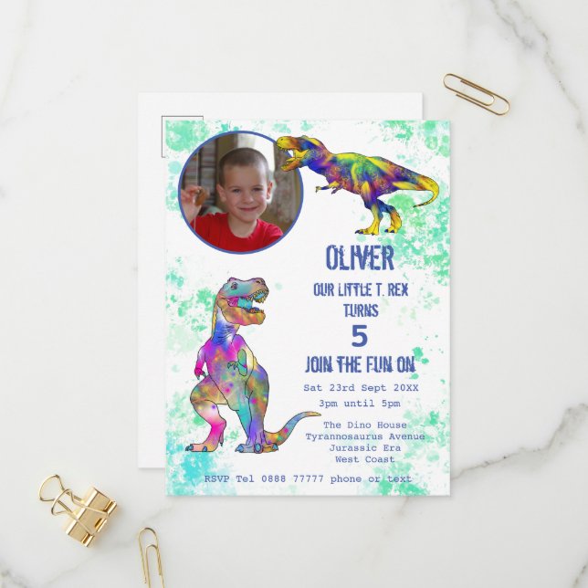 Dinosaur 5th Birthday T Rex Boys Photo Colourful  Invitation Postcard (Front/Back In Situ)